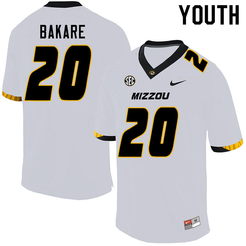 Youth #20 Simi Bakare Missouri Tigers College Football Jerseys Sale-White